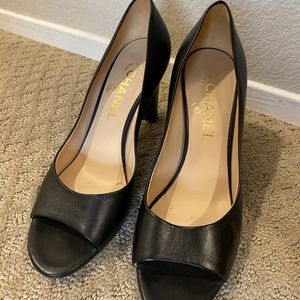 Chanel Black Leather Peep Toe Heels